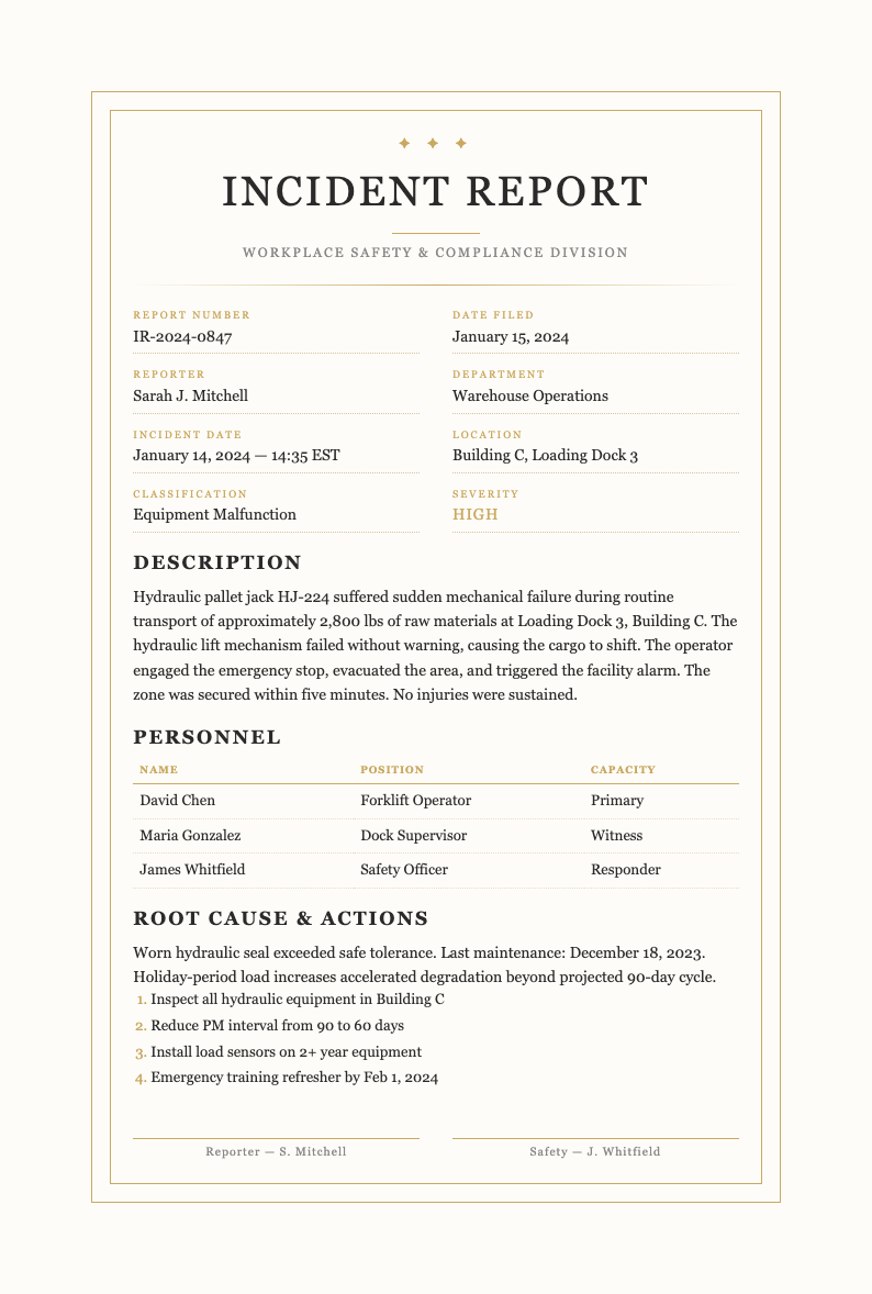 Luxury premium incident report